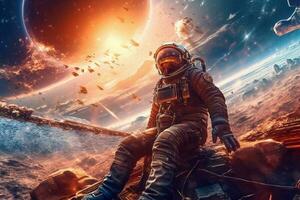 astronauta a piedi su un inesplorato pianeta generativo ai foto