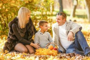 contento famiglia nel autunno parco. picnic foto