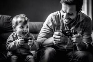 allegro padre e figlio giocando video gioco a casa generativo ai foto