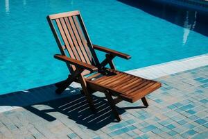 il bordo lusso nuoto piscina con bianca moda sdraio su il spiaggia., esterno design. generativo ai foto