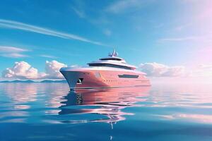 moderno lungo yacht lato Visualizza nel tramonto con volante uccelli. 3d interpretazione generativo ai foto