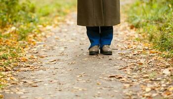 donna a piedi attraversare nazione e pista nel autunno foresta foto