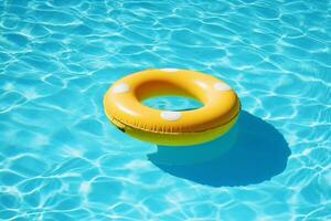 colorato gonfiabile tubo galleggiante nel nuoto piscina, estate vacanza concetto generativo ai foto