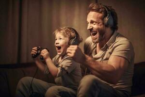 allegro padre e figlio giocando video gioco a casa generativo ai foto