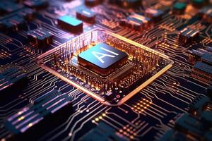 3d rendere ai artificiale intelligenza tecnologia processore centrale processore unità chipset su il stampato circuito tavola per elettronico e tecnologia concetto Selezionare messa a fuoco superficiale profondità di campo generativo ai foto