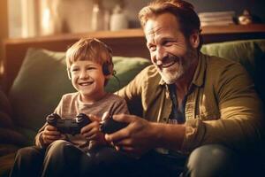 gioioso papà e figlio con joystick giocando video Giochi a casa, ragazzo distrarre padre con mano generativo ai foto