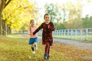 Due poco ragazze nel autunno parco foto