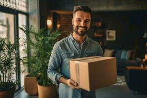 testa tiro ritratto sorridente uomo Tenere cartone scatola, dando o ricevente pacco, seduta su divano a casa, contento soddisfatto cliente guardare a telecamera, bene consegna servizio e generativo ai foto