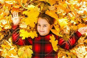 bellissimo poco ragazza con autunno le foglie all'aperto foto