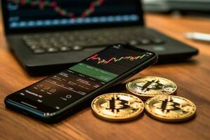 smartphone con bitcoin simbolo sullo schermo posa su computer tastiera in giro bitcoin pile. bitcoin utile su popolarità concetto. generativo ai foto