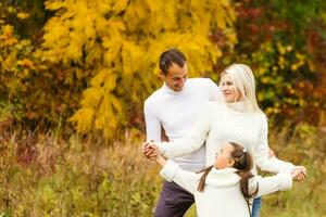 concetto della famiglia, dell'infanzia, di stagione e della gente - famiglia felice nel parco di autunno foto