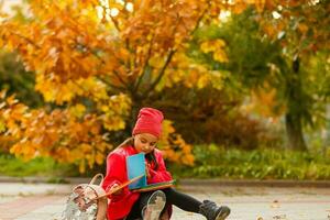 poco carino ragazza nel autunno parco. scolara con un' zaino.il concetto di autunno, scuola, studia, formazione scolastica, infanzia, indietro per scuola. foto