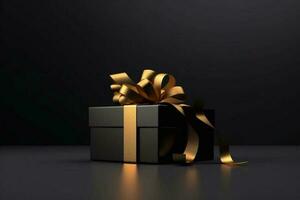 nero regalo scatola con d'oro nastro isolato su nero sfondo. 3d illustrazione di nero regalo scatola con oro nastro. generativo ai foto