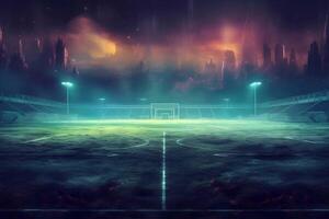 pieno notte calcio arena nel luci generativo ai foto