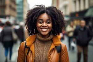 contento africano giovane donna indossare denim giacca ridendo guardare a telecamera in piedi su strada. sorridente afro americano adolescente generazione z fricchettone ragazza in posa all'aperto retroilluminato con luce del sole, generativo ai foto