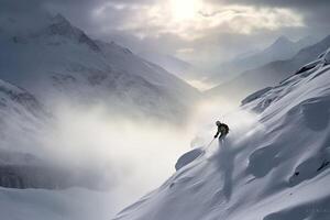 inverno volta. sciatore e montagne paesaggio generativo ai foto