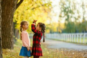 poco ragazze misurare altezza per ogni altro nel autunno parco foto