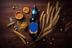 birra impostato bottiglia , bicchiere di birra, un' bottiglia apriscatole, sughero su di legno sfondo. generativo ai foto