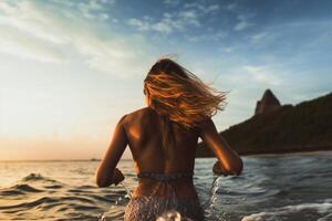 Surf ragazza a il tramonto generativo ai foto