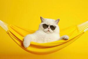 divertente bianca gatto nel occhiali da sole bugie su un' tessuto amaca su un' giallo sfondo. generativo ai foto