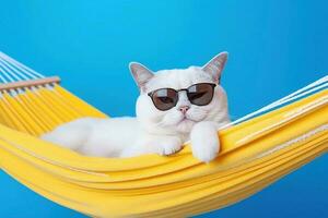 carino bianca Britannico gatto indossare occhiali da sole su giallo tessuto amaca, isolato su blu sfondo. generativo ai foto