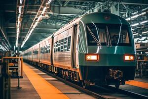 ferrovia stazione e treno . Ferrovia con Vintage ▾ tonificante generativo ai foto