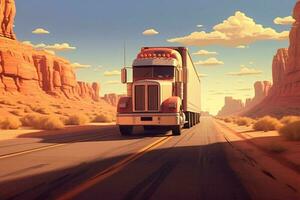 camionista di la logistica azienda semi trailer camion consegna carico per un' cliente o fornitore. camion con semirimorchio guida su autostrada. trasporto la logistica. generativo ai foto