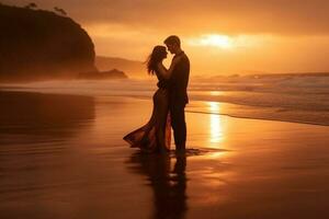 romantico coppia silhouette su il spiaggia a Alba generativo ai foto