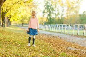 indietro per scuola. poco ragazza nel autunno parco foto