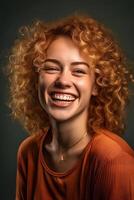 divertente ritratto di un' luminosa positivo sorridente europeo donna, avvicinamento, naturale studio foto, caldo filtro, ai generativo arte foto