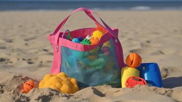 un' spiaggia Borsa con sabbia giocattoli. generativo ai foto