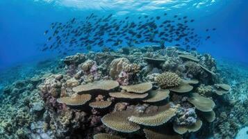 un' corallo scogliera con scuole di pesce. generativo ai foto