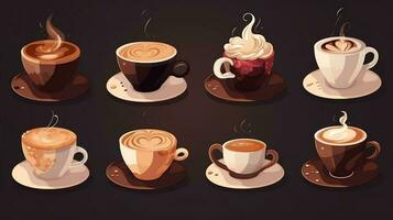 collezione di dolce caffè bevande isolato su nero sfondo. ai generato foto
