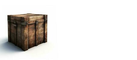 Marrone di legno scatola. un vecchio il petto su un' bianca sfondo. copia spazio. ai generato foto
