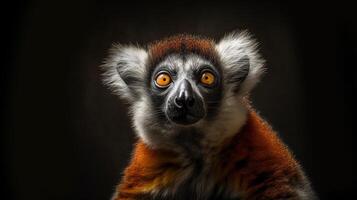 ritratto di un' Madagascar primate avvicinamento su un' nero sfondo. carino lemure. generativo ai. foto