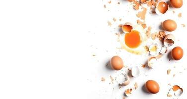 rotto crudo uova su un' bianca sfondo con spazio per testo. piatto posare superiore Visualizza. design per un' radura azienda. ai generato foto