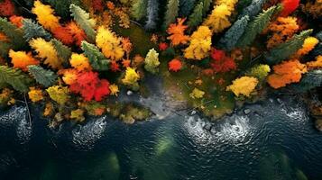 Visualizza di montagna fiume e il autunno foresta e paesaggi in mostra vivace autunno fogliame aereo fuco superiore Visualizza. ai generato foto