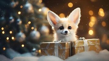 super carino fennec Volpe con Natale pacco regalo. ai generato Immagine foto