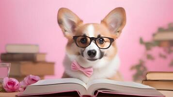 carino corgi cane professoressa con mucchio di libri su rosa sfondo. ai generato Immagine. foto