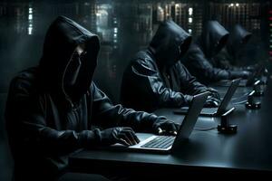 gli hacker con felpe con cappuccio digitando laptop. pirata gruppo, organizzazione o associazione. ai generato foto