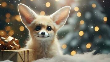 super carino fennec Volpe con Natale pacco regalo. ai generato Immagine foto