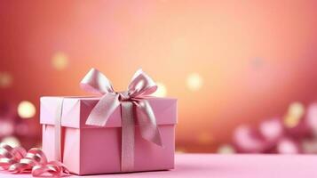 regalo scatola su rosa tavolo su vivido sfondo con vuoto spazio per testo foto