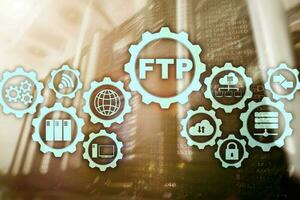 ftp. File Transfer Protocol. dati di trasferimento di rete al server sullo sfondo del supercomputer foto