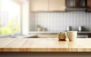 di legno tazze su un' di legno tavolo nel il cucina. ai, generativo ai foto