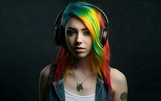 donna con arcobaleno capelli ascoltando per musica su un' buio sfondo. ai, generativo ai foto