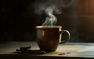 caldo caffè, tè o cioccolato nel ceramica tazza su di legno tavola su buio sfondo. ai, generativo ai foto