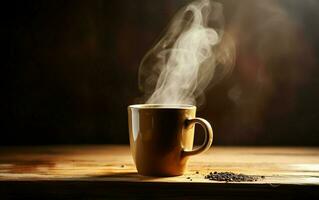 caldo caffè, tè nel un' ceramica boccale su un' di legno tavolo su buio sfondo. ai, generativo ai foto