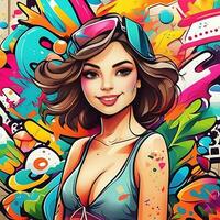 bellissimo ragazza su un' colorato graffiti sfondo foto