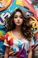 bellissimo ragazza su un' colorato graffiti sfondo foto