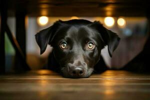 carino nero cane sotto tavolo. creare ai foto